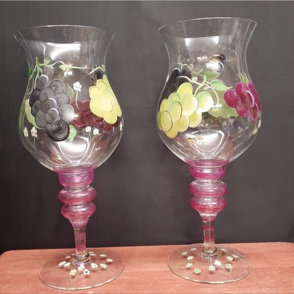 Vintage 1990's Hand Painted Glass Hurricane Candle Holder Set Grape Design - Picture 2 of 9